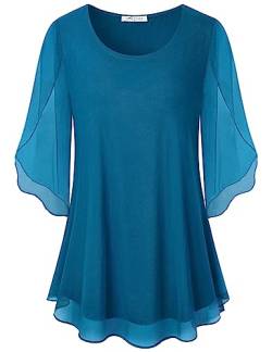 SeSe Code Damen Rüschen 3/4 Ärmel Mesh Blusen Lose Flowy Tops Stretchy Shirts, Solid Blue, Groß von SeSe Code