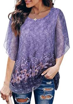 SeSe Code Damen Rüschen 3/4 Ärmel Mesh Blusen Lose Flowy Tops Stretchy Shirts, Violett mit Blumenmuster, 3X-Groß von SeSe Code