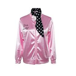Seaehey 50s Pink Ladies Satin Jacket with Neck Scarfs 60s 70s Satin Bomber Jacket Vintage College Baseball Jacke Zipper Coat Hip Pop Motorcycle Pink Satin Silk Coat von Seaehey