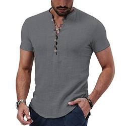 SearchI Herren Henley Hemd aus Baumwolle Kurzarm mit Knöpfen Männer Sommerhemd Casual Classics T-Shirt Regular Fit(A-Grau,2XL) von SearchI