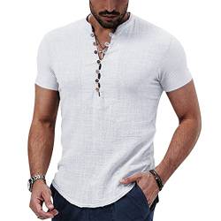 SearchI Herren Henley Hemd aus Baumwolle Kurzarm mit Knöpfen Männer Sommerhemd Casual Classics T-Shirt Regular Fit(A-Weiß,XL) von SearchI