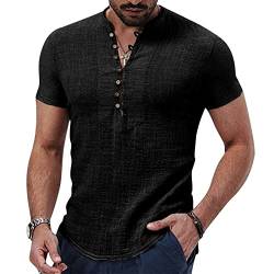 SearchI Herren Henley Hemd aus Baumwolle Kurzarm mit Knöpfen Männer Sommerhemd Casual Classics T-Shirt Regular Fit(A-schwarz,2XL) von SearchI