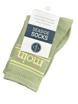 Seaside No.64 - Socken mit maritimer Botschaft - Tennissocken im nordischen Stil - farbige Strümpfe mit Schriftzug - Unisex auch für alle Landratten (Moin - horizontal - grün/gelb, L = 46-50) von Seaside No.64