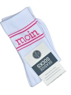 Seaside No.64 - Socken mit maritimer Botschaft - Tennissocken im nordischen Stil - farbige Strümpfe mit Schriftzug - Unisex auch für alle Landratten (Moin - horizontal - weiß/pink, S = 36-40) von Seaside No.64
