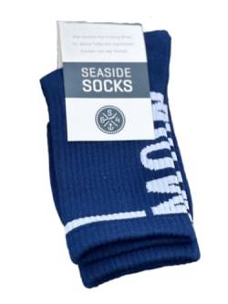 Seaside No.64 - Socken mit maritimer Botschaft - Tennissocken im nordischen Stil - farbige Strümpfe mit Schriftzug - Unisex auch für alle Landratten (Moin - vertikal - navy/weiß, M = 41-46) von Seaside No.64