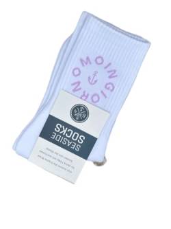 Seaside No.64 - Socken mit maritimer Botschaft - Tennissocken im nordischen Stil - farbige Strümpfe mit Schriftzug - Unisex auch für alle Landratten (Moingiorno - weiß/flieder, M = 41-46) von Seaside No.64