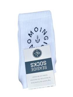 Seaside No.64 - Socken mit maritimer Botschaft - Tennissocken im nordischen Stil - farbige Strümpfe mit Schriftzug - Unisex auch für alle Landratten (Moingiorno - weiß/navy, S = 36-40) von Seaside No.64