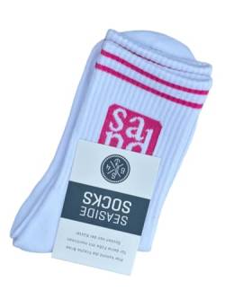 Seaside No.64 - Socken mit maritimer Botschaft - Tennissocken im nordischen Stil - farbige Strümpfe mit Schriftzug - Unisex auch für alle Landratten (Sand - weiß/pink, M = 41-46) von Seaside No.64