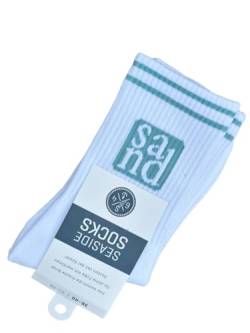 Seaside No.64 - Socken mit maritimer Botschaft - Tennissocken im nordischen Stil - farbige Strümpfe mit Schriftzug - Unisex auch für alle Landratten (Sand - weiß/türkis, M = 41-46) von Seaside No.64