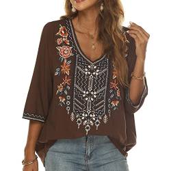 Seasonal Bohemian Embroidery Mexican Tops Damen Sommer Boho Shirts Hippie Bauer 3/4 Ärmel V Ausschnitt Blusen Tunika, Braun-324, XXX-Large von Seasonal