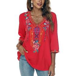 Seasonal Bohemian Embroidery Mexican Tops Damen Sommer Boho Shirts Hippie Bauer 3/4 Ärmel V Ausschnitt Blusen Tunika, Rot-328, XXL von Seasonal