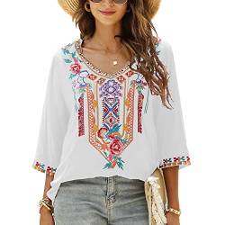 Seasonal Bohemian Embroidery Mexican Tops Damen Sommer Boho Shirts Hippie Bauer 3/4 Ärmel V Ausschnitt Blusen Tunika, Weiß-328, Large von Seasonal