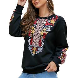 Seasonal Bohemian Stickerei Tunika Damen Langarm Hippie Kleidung Boho Oberteile Elegante Trachtenbluse Sweatshirt(525,Schwarz,2XL) von Seasonal