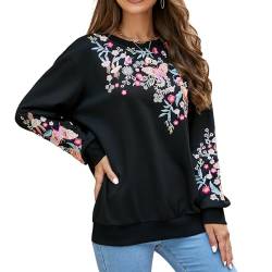 Seasonal Bohemian Stickerei Tunika Damen Langarm Hippie Kleidung Boho Oberteile Elegante Trachtenbluse Sweatshirt(526,Schwarz,3XL) von Seasonal