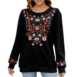 Seasonal Bohemian Stickerei Tunika Damen Langarm Hippie Kleidung Boho Oberteile Elegante Trachtenbluse Sweatshirt(712,Schwarz,2XL) von Seasonal