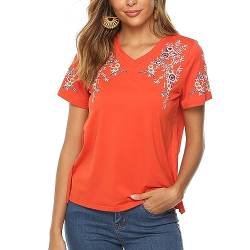 Seasonal Damen Sommer Bluse Stickerei Tunika Kurzarm Baumwolle Freizeit Outfit V-Ausschnitt(L, 080-Orange) von Seasonal