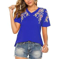 Seasonal Damen Sommer Bluse Stickerei Tunika Kurzarm Baumwolle Freizeit Outfit V-Ausschnitt(S, 080-Blau) von Seasonal