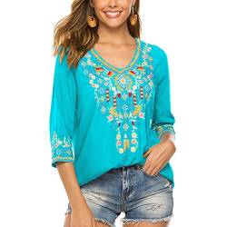 Seasonal Damen Stickerei Bluse Bohemian Herbst Tunika Bestickte Folklore Blusen Hippie Blumenmuster Oberteil 3/4 Arm Lose Tops (2X-Large, 054-Blau) von Seasonal