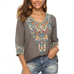 Seasonal Damen Stickerei Bluse Bohemian Herbst Tunika Bestickte Folklore Blusen Hippie Blumenmuster Oberteil 3/4 Arm Lose Tops (2X-Large, 054-Grau) von Seasonal