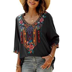 Seasonal Damen Stickerei Bluse Bohemian Herbst Tunika Bestickte Folklore Blusen Hippie Blumenmuster Oberteil 3/4 Arm Lose Tops (2X-Large, 328-Schwarz) von Seasonal