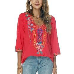 Seasonal Damen Stickerei Bluse Bohemian Herbst Tunika Bestickte Folklore Blusen Hippie Blumenmuster Oberteil 3/4 Arm Lose Tops (3X-Large, 328-Rot) von Seasonal