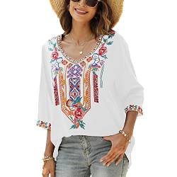 Seasonal Damen Stickerei Bluse Bohemian Herbst Tunika Bestickte Folklore Blusen Hippie Blumenmuster Oberteil 3/4 Arm Lose Tops (3X-Large, 328-Weiß) von Seasonal