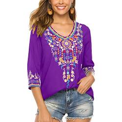 Seasonal Damen Stickerei Bluse Bohemian Herbst Tunika Bestickte Folklore Blusen Hippie Blumenmuster Oberteil 3/4 Arm Lose Tops (Large, 054-Violett) von Seasonal