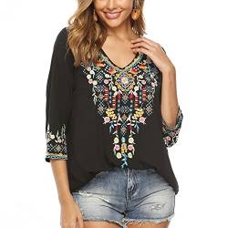 Seasonal Damen Stickerei Bluse Bohemian Herbst Tunika Bestickte Folklore Blusen Hippie Blumenmuster Oberteil 3/4 Arm Lose Tops (Small, 054-Schwarz) von Seasonal