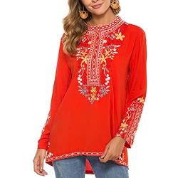 Seasonal Damen Tunika Böhmen Stickerei T-Shirt Herbst Besticktes Hemd Langarm Bauernin Casual Tops Blouse Lose Oberteile (XX-Large, Rot) von Seasonal