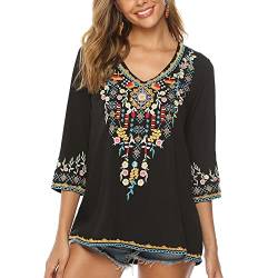 Seasonal Damen V Ausschnitt Blusen Boho Stickerei Tops Mexikanische 3/4 Ärmel Tunika Bohemian Shirt, Schwarz, XXL von Seasonal