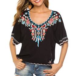 Seasonal Mexiko Sommer Damen Bluse Boho Stickerei Tunika Hippie Blusen Bohemian Kurzarm Lose Tops(S, 075-Schwarz) von Seasonal