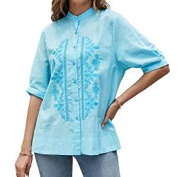 Seasonal Sommer Hippie Tunika Stickerei Damen Blusen Folklore Kurzarm Hemd Freizeit Button-down Oberteile für Frauen Blumen Lose Bluse（2XL,Blau） von Seasonal