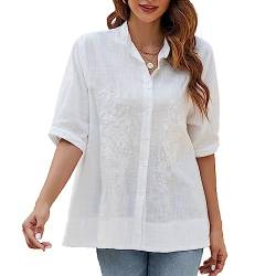 Seasonal Sommer Hippie Tunika Stickerei Damen Blusen Folklore Kurzarm Hemd Freizeit Button-down Oberteile für Frauen Blumen Lose Bluse（L,Weiß） von Seasonal