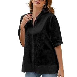 Seasonal Sommer Hippie Tunika Stickerei Damen Blusen Folklore Kurzarm Hemd Freizeit Button-down Oberteile für Frauen Blumen Lose Bluse（XL,Schwarz） von Seasonal