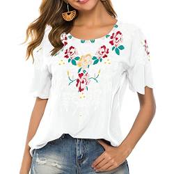 Seasonal Tunika Damen Sommer Boho Bluse Folklore Stickerei Hippie Kleidung Oberteil elegant Ruffle Kurzarm Rundkragen Kleidung (2XL, 082-Weiß) von Seasonal