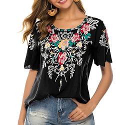 Seasonal Tunika Damen Sommer Boho Bluse Folklore Stickerei Hippie Kleidung Oberteil elegant Ruffle Kurzarm Rundkragen Kleidung (3XL, 082-Schwarz) von Seasonal