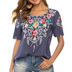 Seasonal Tunika Damen Sommer Boho Bluse Folklore Stickerei Hippie Kleidung Oberteil elegant Ruffle Kurzarm Rundkragen Kleidung (S, 082-Grau) von Seasonal