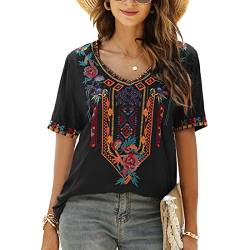 Seasonal Tunika Damen Sommer Boho Bluse Folklore Stickerei Oberteil Trachten Hippie Kleidung Kurzarm V-Ausschnitt (2XL, 443-Schwarz) von Seasonal