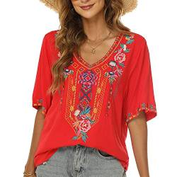 Seasonal Tunika Damen Sommer Boho Bluse Folklore Stickerei Oberteil Trachten Hippie Kleidung Kurzarm V-Ausschnitt (3XL, 443-Rot) von Seasonal