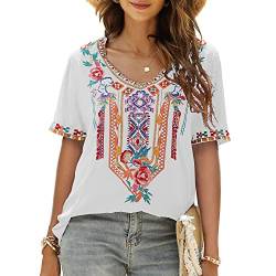 Seasonal Tunika Damen Sommer Boho Bluse Folklore Stickerei Oberteil Trachten Hippie Kleidung Kurzarm V-Ausschnitt (L, 443-Weiß) von Seasonal