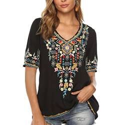 Seasonal Tunika Damen Sommer Boho Folklore Bluse mit Stickerei Oberteil Hippie Trachten Kurzarm Kleidung V-Ausschnitt (2XL, 442-Schwarz) von Seasonal