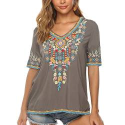 Seasonal Tunika Damen Sommer Boho Folklore Bluse mit Stickerei Oberteil Hippie Trachten Kurzarm Kleidung V-Ausschnitt (L, 442-Grau) von Seasonal