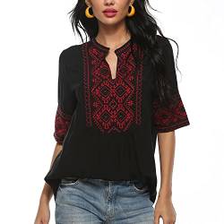 Seasonal Ukraine Bluse Sommer Damen Tunika Bohemian Stickerei Folklore Tops Boho Hippie Kurzarm Lose Oberteil (073-Schwarz,S) von Seasonal