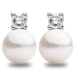 Damen Perlen Omega Ohrringe, Süßwasser Zuchtperlen 10-11 mm mit Zirkonia Steinen von Secret & You - Hochwertiges Sterling Silber 925. von Secret & You
