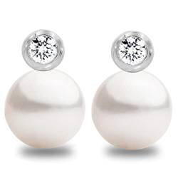 Damen Perlen Omega Ohrringe, Süßwasser Zuchtperlen 10-11 mm mit Zirkonia Steinen von Secret & You - Hochwertiges Sterling Silber 925. von Secret & You