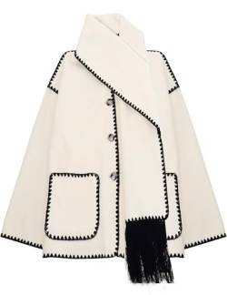 SeekMe Damen Schal Jacke bestickt übergroße Wollmischung Mantel Button Down Winter Oberbekleidung mit Quaste Schal, Beige, S von SeekMe