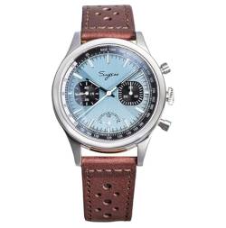 Seestern Sugess Chronograph Teal Blue Power Mechanisch Stahl Leder Braun Blau Herrenuhr von Seestern