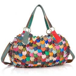 Segater Damen 3D Mehrfarbig Blatt Tote Tasche Echtes Leder genäht Umhängetasche Random Colour Blocking Handtasche Bohemian Schulranzen von Segater