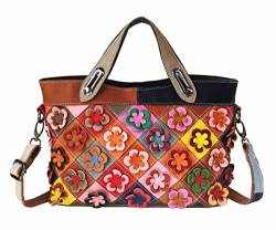 Segater Frauen Blume Multicolor Handtasche Echtes Leder Umhängetasche Designer 3D Buntes Patchwork Geldbörse Arbeit Shopper Satchel von Segater