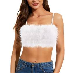 Segreto Damen Fuzzy Feder Crop Top Sexy Kunstpelz Ärmellos Spaghettiträger Bandeau Trägertop Tank Tops BH Y2K Party Club Weste von Segreto